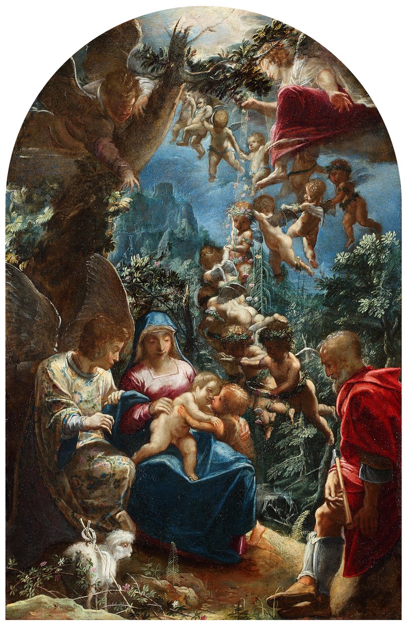 Święta Rodzina z aniołami i chłopcami w strojach św. Jana autorstwa Adam Elsheimer