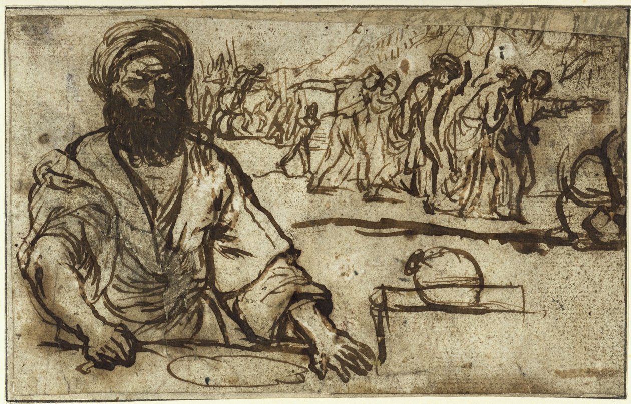 Siedzący brodaty mężczyzna, w tle pochód ludzi i jeźdźców autorstwa Adam Elsheimer