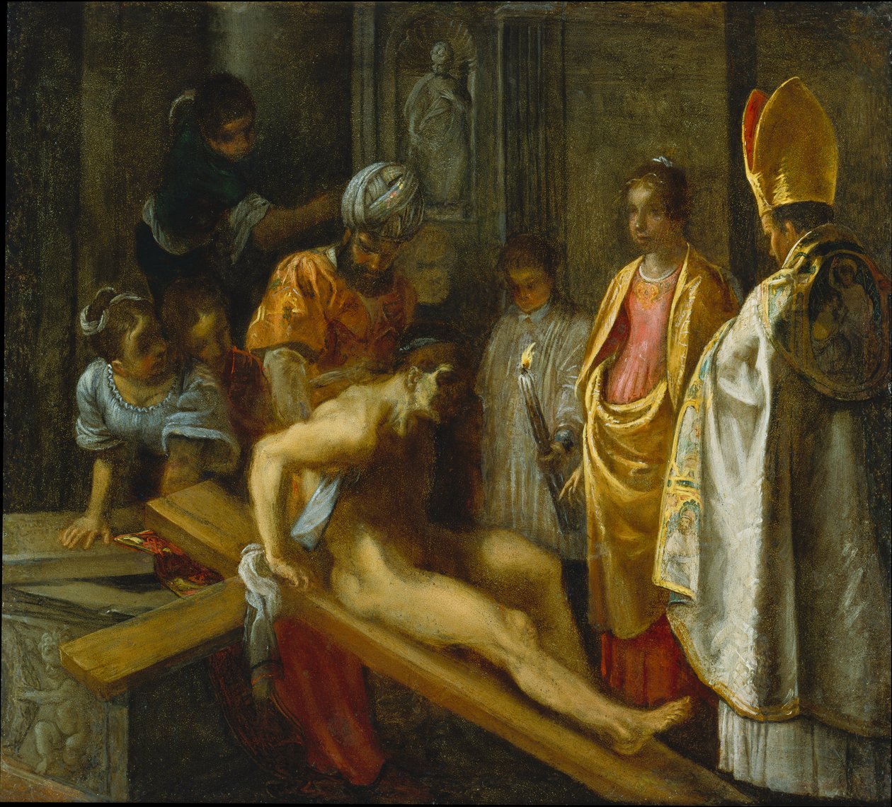 Frankfurcki ołtarz Podwyższenia Krzyża Świętego: Próba krzyża (pośrodku po prawej) autorstwa Adam Elsheimer