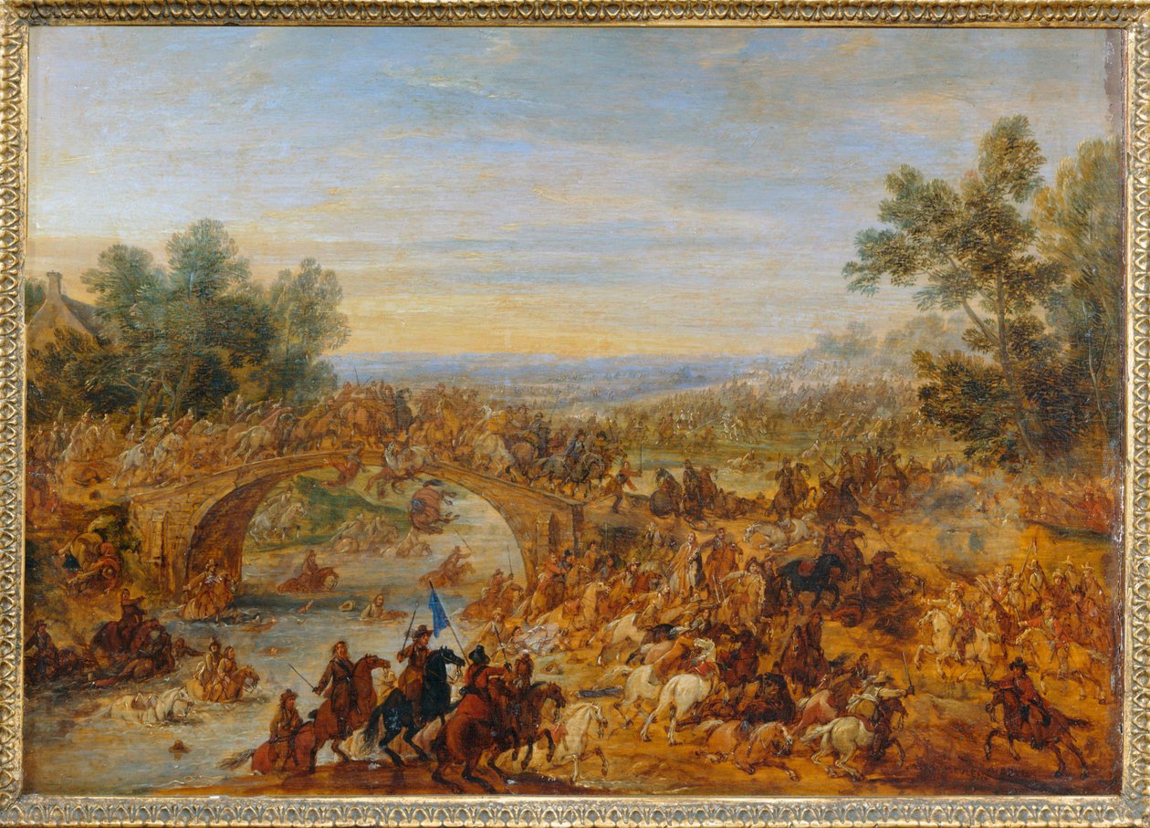 Walka kawalerii podczas przekraczania mostu ... autorstwa Adam Frans van der (circle of) Meulen