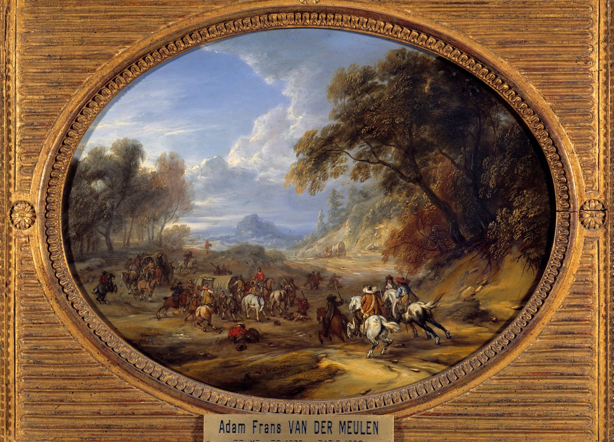 Atak konwoju przez rabusiów Obraz Adama Van der Meulena (1632-1690) (ec.flam.) Słońce 0,2x0,27 m autorstwa Adam Frans van der Meulen