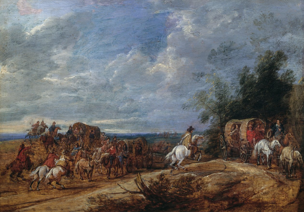 Zbójcy atakujący wagony, obraz Adam Frans van der Meulen autorstwa Adam Frans van der Meulen