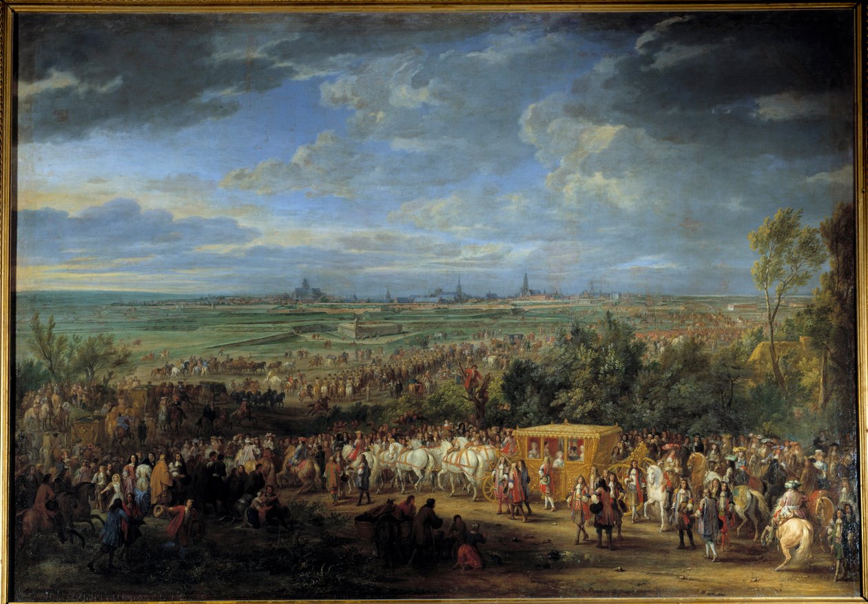 Między królem Ludwikiem XIV a królową Marią Teresą 30 lipca 1667 w Arras”” Obraz Adama Van Der Meulena (1632-1690) XVII-wieczne słońce. 2,32 x 3,31 m autorstwa Adam Frans van der Meulen