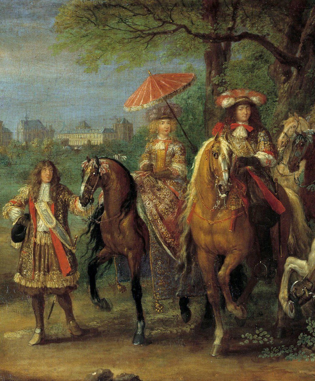 Król Ludwik XIV (1638-1715) i królowa Marie-Teresa Austrii (1638-1683) spacerujący przed zamkiem Vincennes w 1669 r. Fragment obrazu Adama Fransa Van der Meulena (1632-1690) autorstwa Adam Frans van der Meulen