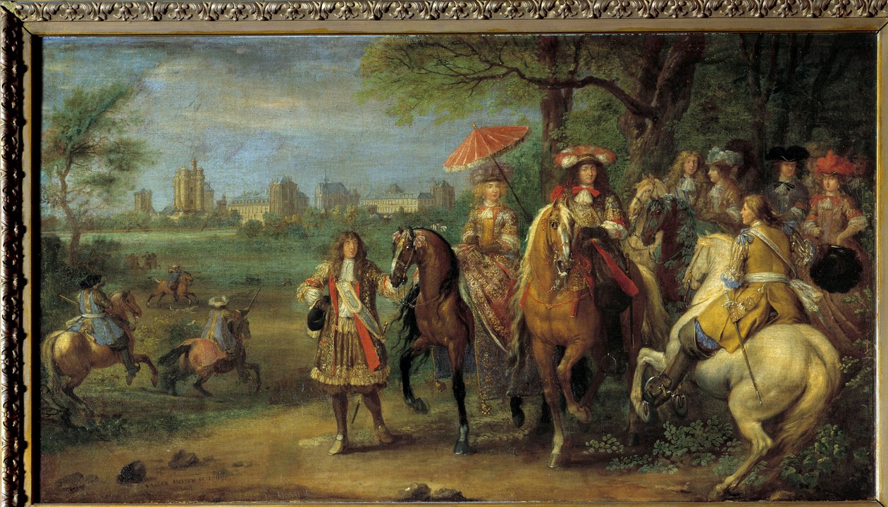 Król Ludwik XIV (1638-1715) i królowa Austrii Maria Teresa (1638-1683) idący przed zamkiem Vincennes w 1669 Obraz Adama Fransa Van der Meulena (1632-1690) autorstwa Adam Frans van der Meulen