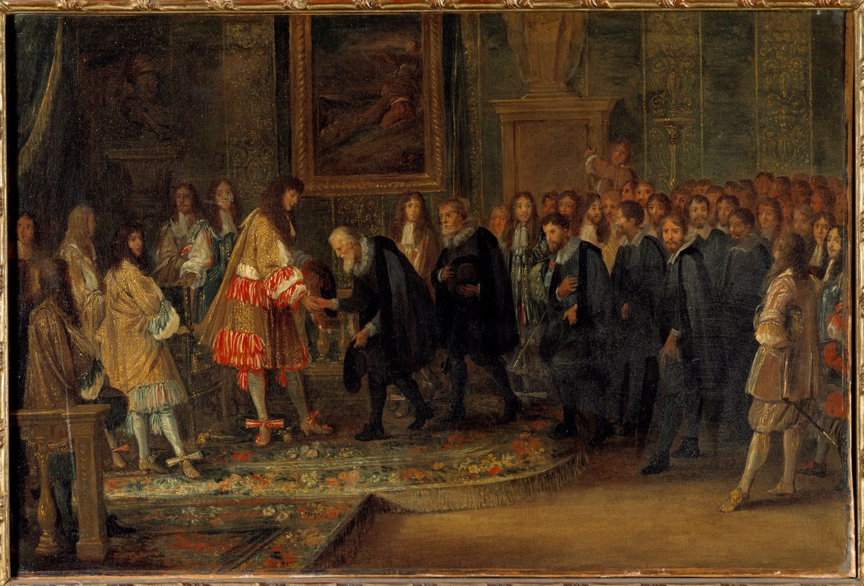 Król Ludwik XIV przyjmuje szwajcarskich ambasadorów w Luwrze 11/11/1663 Obraz Adama Van der Meulena (1632-1690) 1664 Nd. 0,44x0,66 m² autorstwa Adam Frans van der Meulen