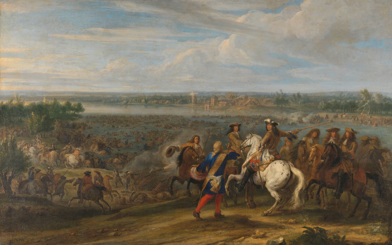 Ludwik XIV Przejście do Holandii w Lobith Ludwik XIV przekracza Ren w Tolhuis niedaleko Lobith, 12 czerwca 1672 autorstwa Adam Frans van der Meulen
