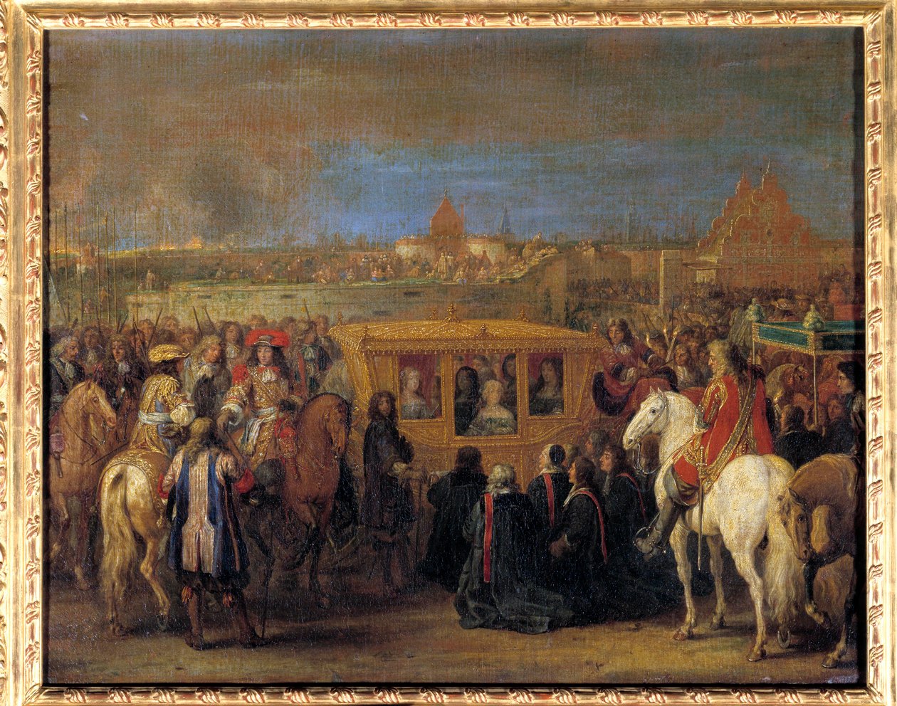 Uroczysty wjazd króla Ludwika XIV (1638-1715) i królowej Marii Teresy Austrii do Douai w dniu 23.08.1667 (królowa w swoim powozie otrzymuje hołd dinginów miasta jako suzeren) Obraz Adam Frans Van der Meulena (1632-1690). Około 1667 autorstwa Adam Frans van der Meulen