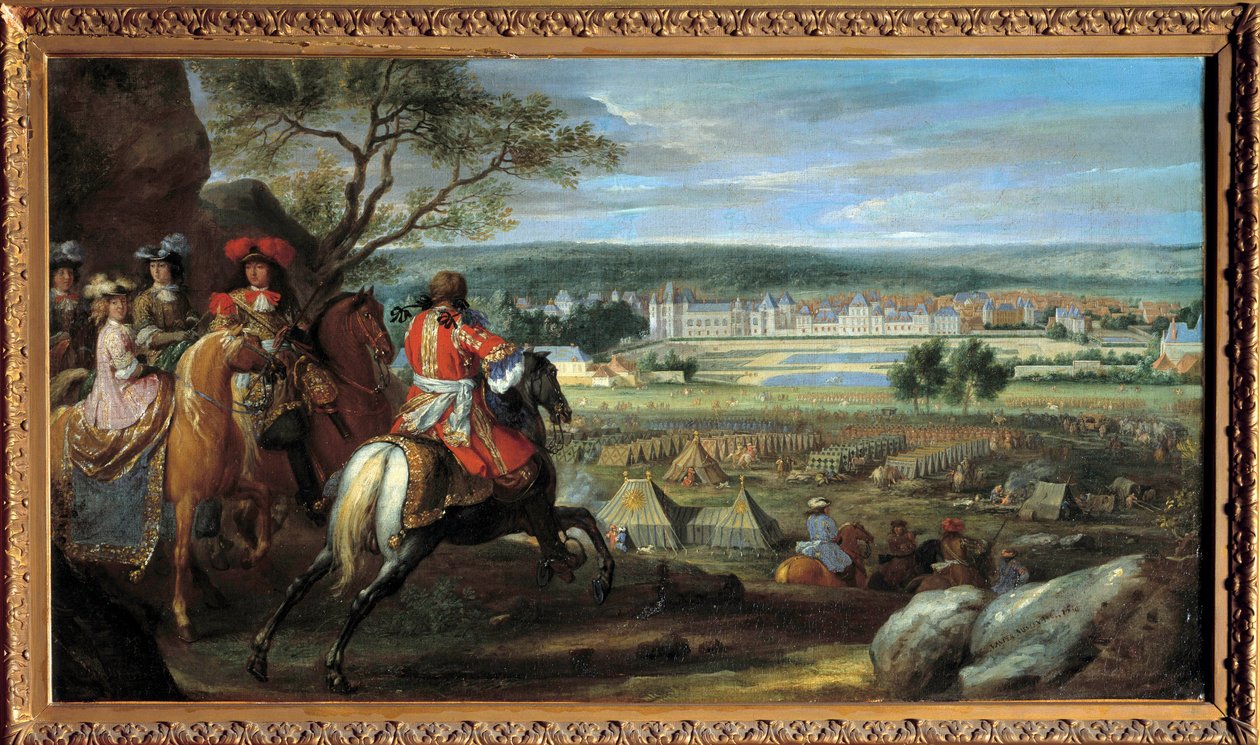 Widok zamku Fontainebleau z 1669 r. z Ludwikiem XIV (1638-1715) i Marią Teresą Austriaczką (1638-1683) Obraz Adama Fransa van der Meulena (1632-1690) 1669 nd. 0,53x0,95m. autorstwa Adam Frans van der Meulen