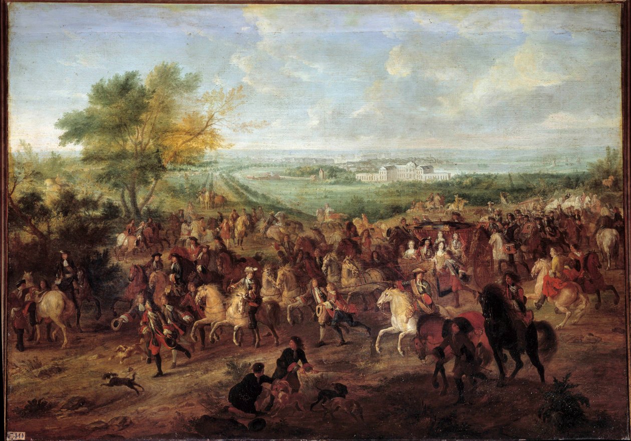Spacer powozem króla Ludwika XIV (1638-1715), królowej Marii Teresy Austrii, Ludwika Delfina i Dauphine przed zamkiem Clagny w Wersalu Obraz Adama van der Meulena (1632-1690) Około 1680 r. nd. 1,4x1,9 autorstwa Adam Frans van der Meulen