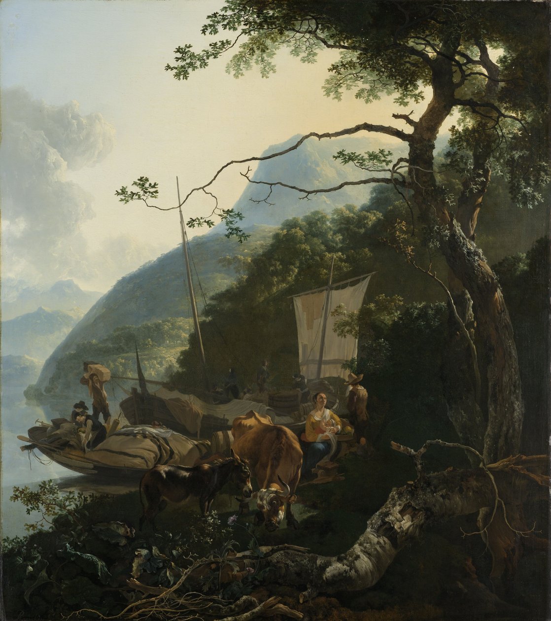 Przewoźnicy zacumowani na brzegu włoskiego jeziora, 1650-70 autorstwa Adam Pynacker