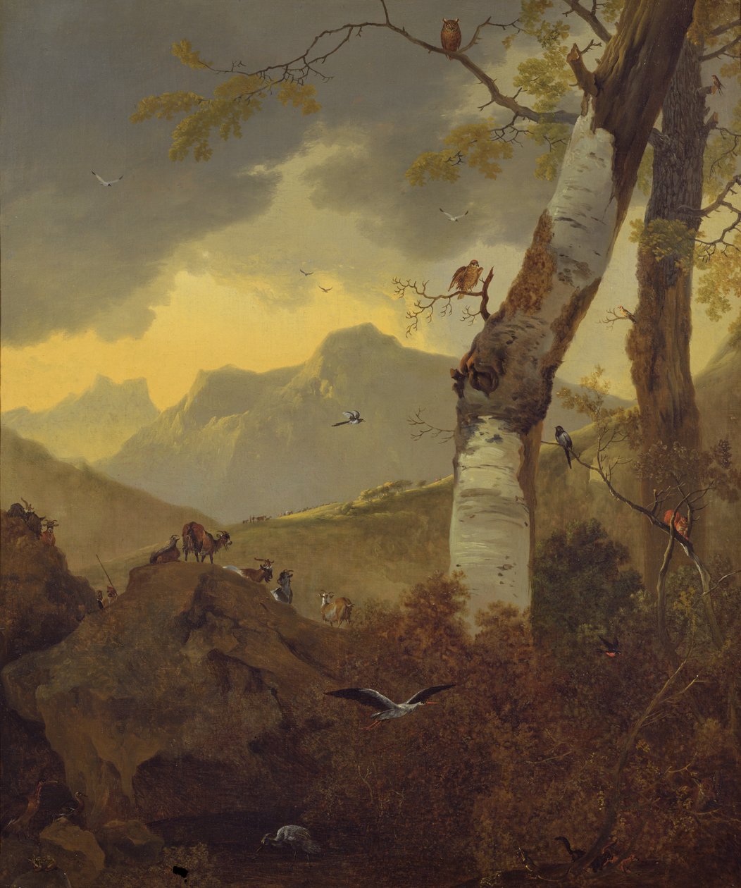 Krajobraz górski z kozami i ptakami, ok. 1657 autorstwa Adam Pynacker