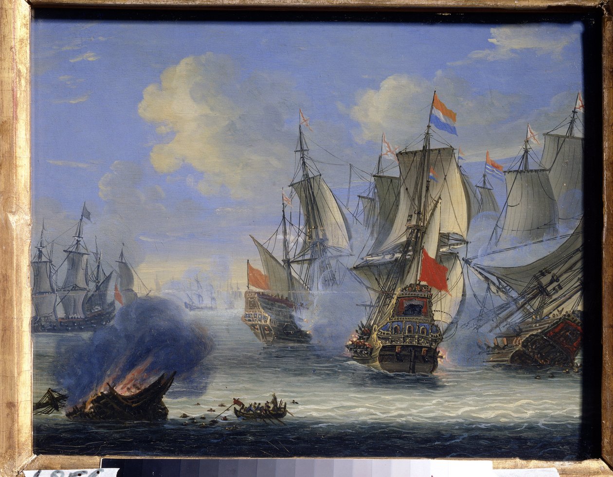 Bitwa morska (bitwa morska). Obraz Adama Silo (1674-1757). Olej na płótnie, 25 x 33,5 cm. Sztuka holenderska, sztuka barokowa. Państwowe Muzeum Sztuki, Tula (lub Tolan). autorstwa Adam Silo