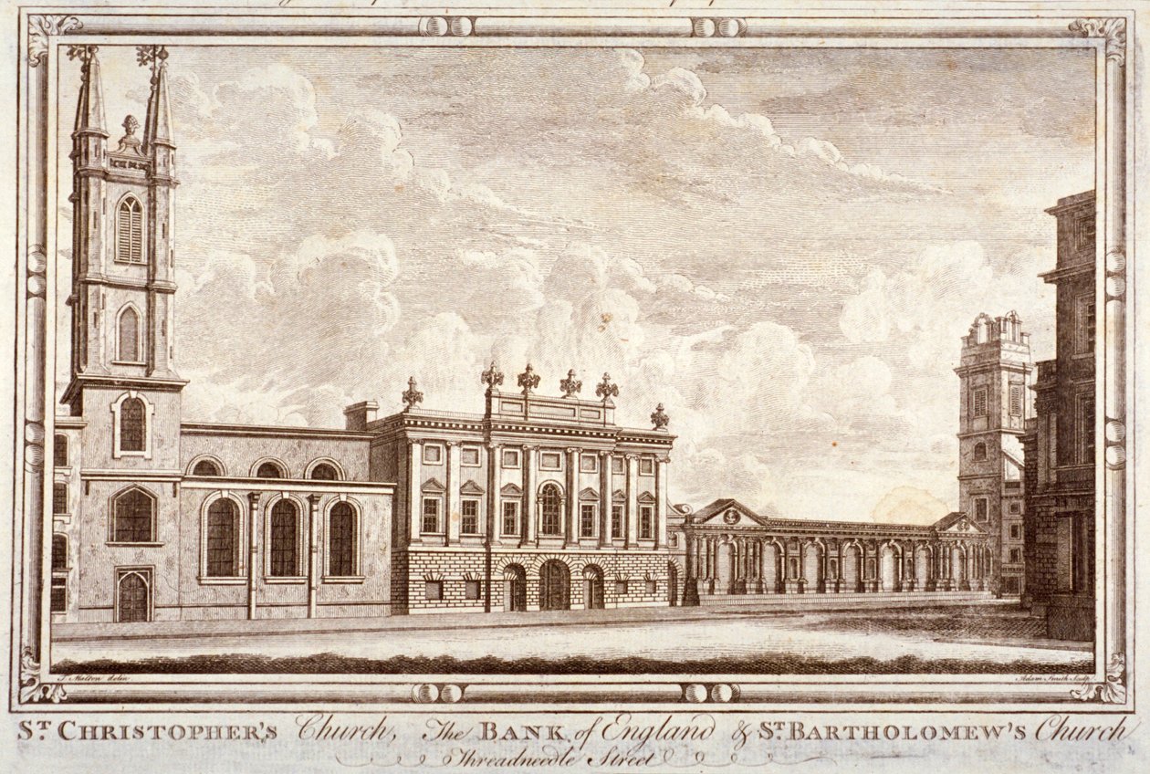 Bank of England, St Christopher-le-Stocks i St Bartholomew-by-the-Exchange, Londyn, ok. 1775 autorstwa Adam Smith