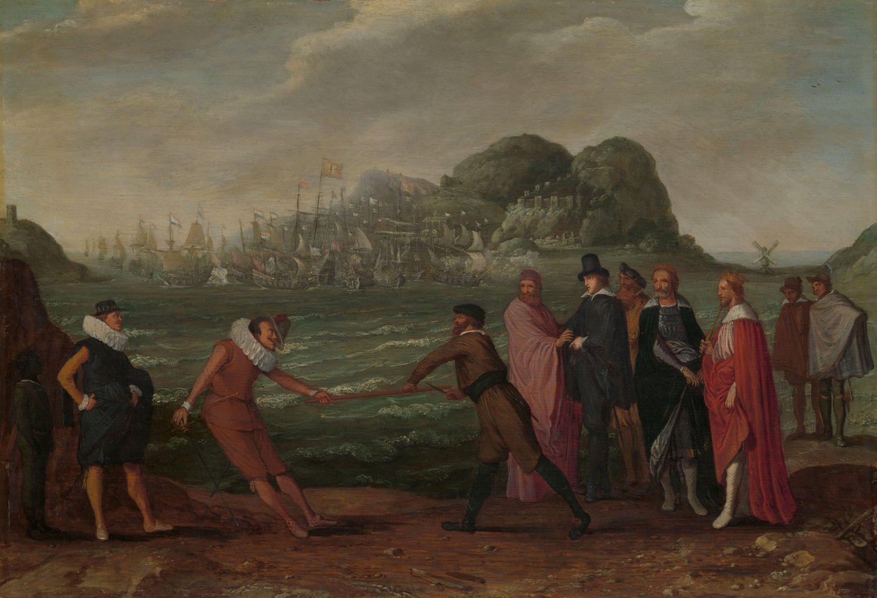 Bitwa o Złoty Kostur (Dominium of the World) Alegoria zwycięstwa Holendrów nad flotą hiszpańską na Gibraltarze, 25 kwietnia 1607 autorstwa Adam Willaerts