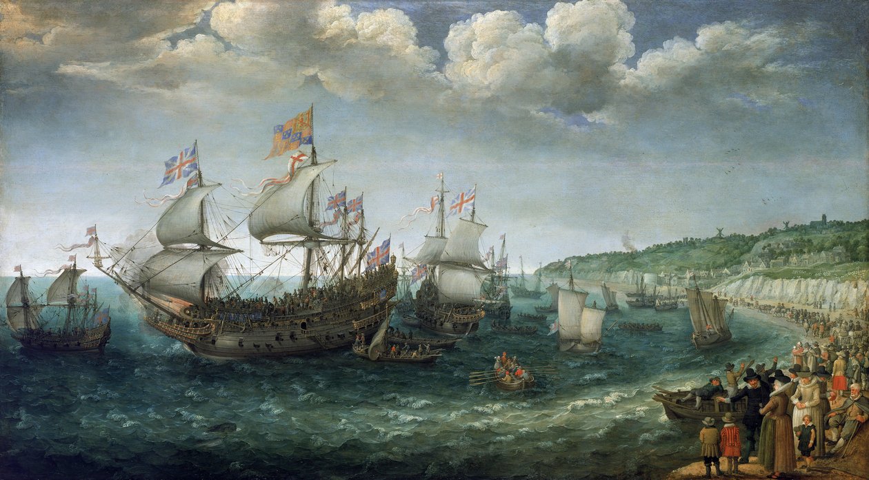Zaokrętowanie Fryderyka I Wittelsbacha (1596-1632), elektora Palatynatu (który zostanie królem Czech), na statku "Prince Royal" w Dover (Anglia), 25 kwietnia autorstwa Adam Willaerts