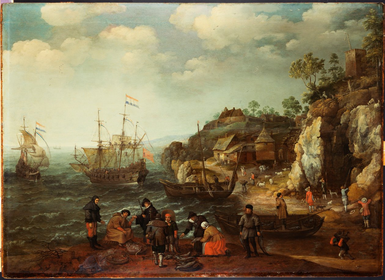 Przybrzeżna scena z rybakami i myśliwymi na brzegu, 1626 autorstwa Adam Willaerts