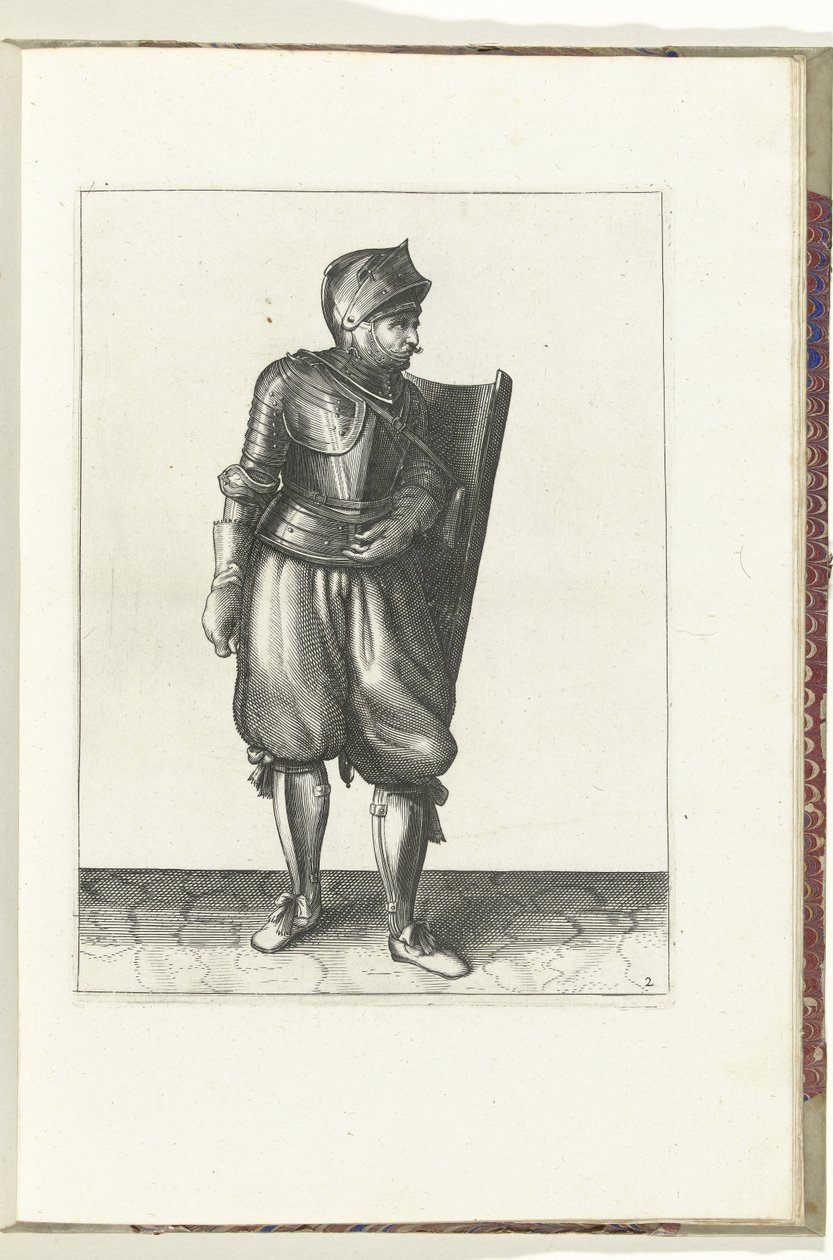 Ćwiczenie z tarczą i rapierem: żołnierz przenosi tarczę z tyłu przez lewe ramię (nr 2), 1618 Nassausche Wapen-Handelinge, van Schilt, Szpiedzy, Rappier i Tarcza : przedstawione beyde figuerlick i oprawione w nowy porządek [z] (... autorstwa Adam van Breen