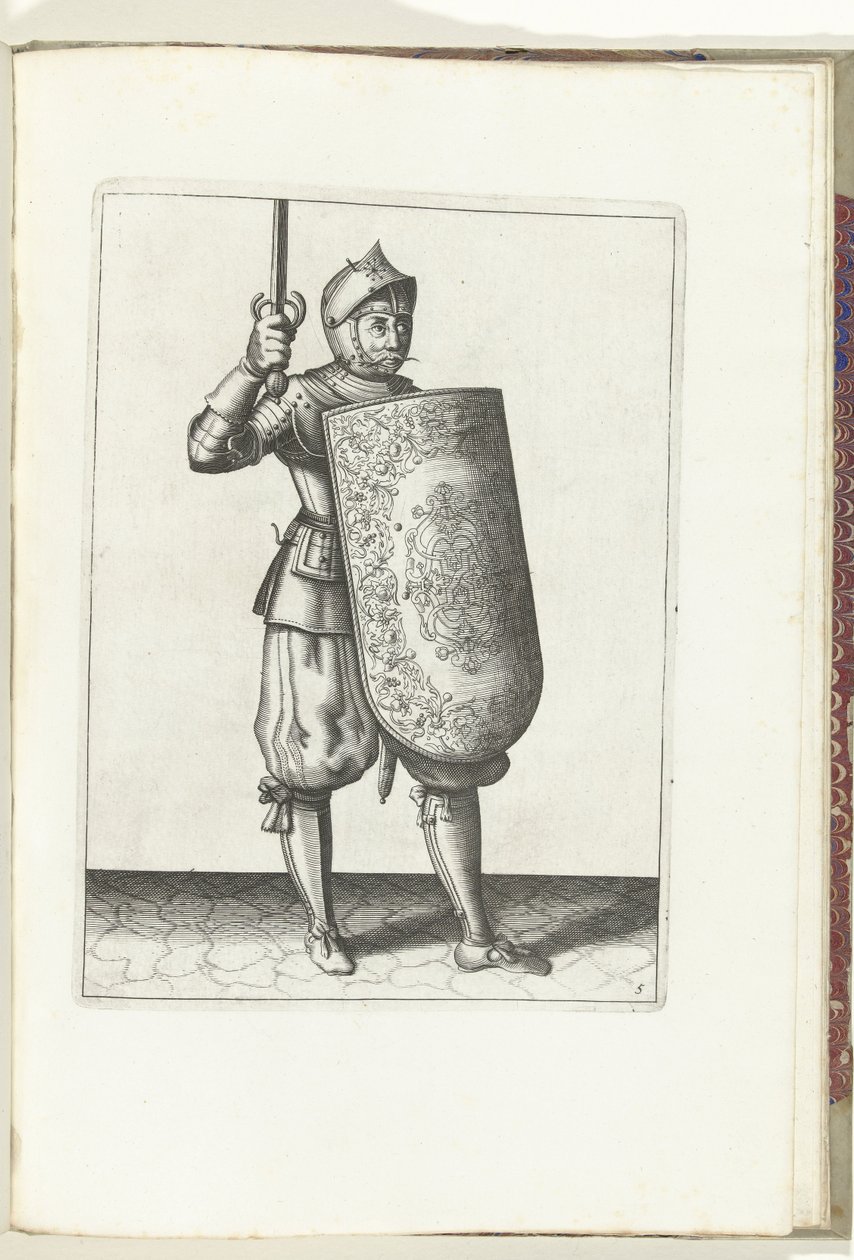 Ćwiczenie na tarczę i rapier: Żołnierz trzyma wyciągnięty rapier nie wyżej niż twarz (nr 5), 1618 Nassausche Wapen-Handelinge, van Schilt, Szpiedzy, Rappier i Tarcza: przedstawiony beyde figuerlick i oprawiony w nowy porządek [z] autorstwa Adam van Breen