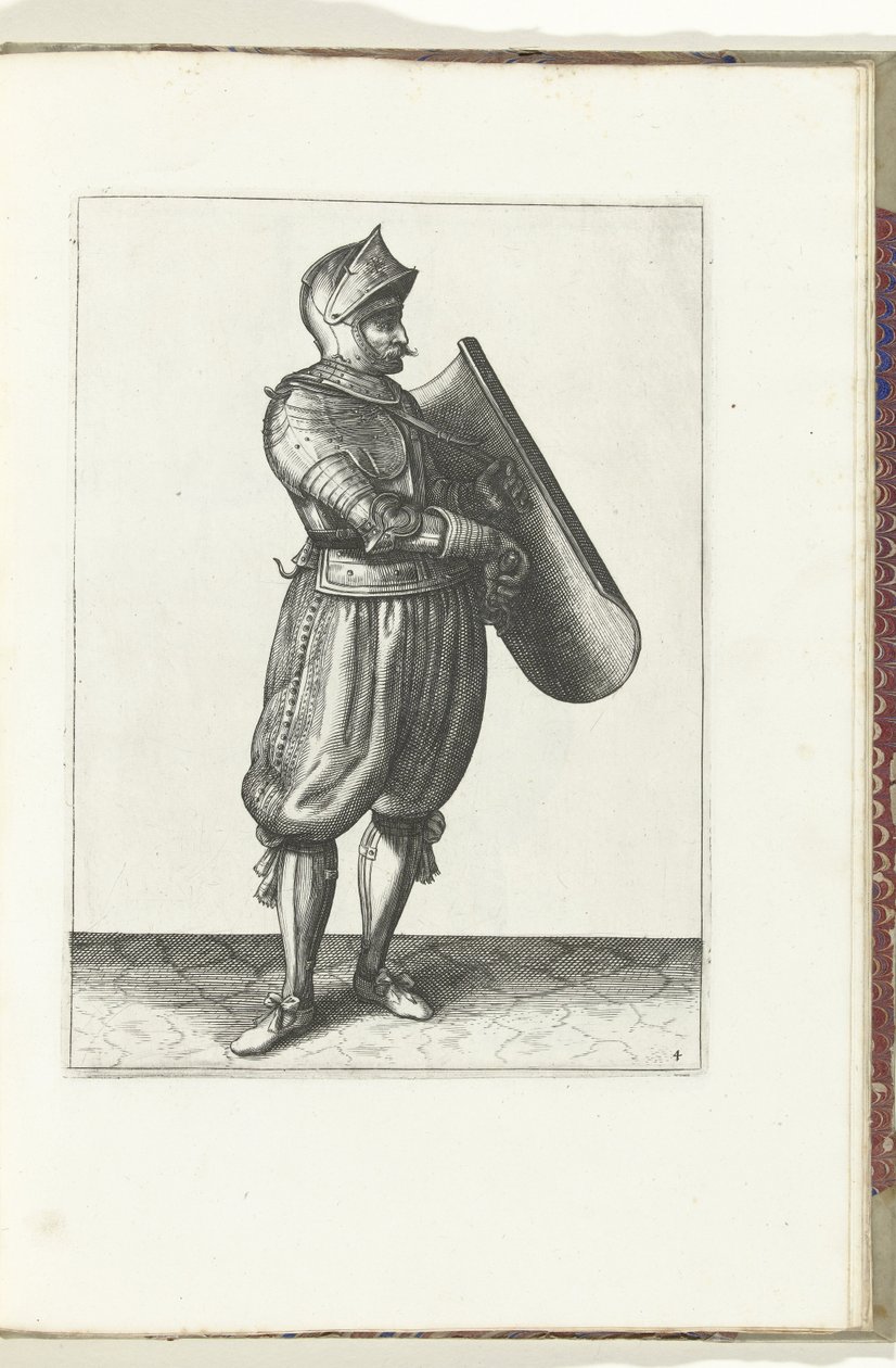 Ćwiczenie z tarczą i rapierem: żołnierz trzyma tarczę lekko do przodu, aby narysować rapier (nr 4), 1618 Nassausche Wapen-Handelinge, van Schilt, Szpiedzy, Rappier i Tarcza: przedstawione beyde figuerlick i oprawione w nowy porządek autorstwa Adam van Breen
