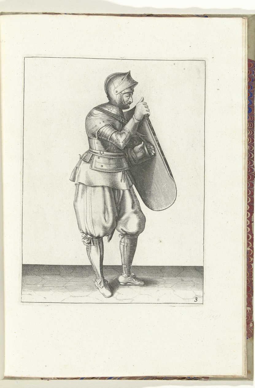 Wiertło z tarczą i rapierem: żołnierz prawą ręką trzyma tarczę, lewą chwyta za pas (nr 3), 1618 Nassausche Wapen-Handelinge, van Schilt, Szpiedzy, Rappier i Tarcza: przedstawione beyde figuerlick, a obramowane po autorstwa Adam van Breen