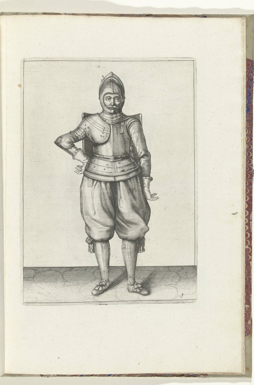 Wiertło z tarczą i rapierem: żołnierz w spoczynku z tarczą na plecach (nr 1), 1618 Nassausche Wapen-Handelinge, van Schilt, Szpiedzy, Rappier i Tarcza : przedstawiony beyde figuerlick i oprawiony w nowy porządek [z] (...) Maurits van Nassa autorstwa Adam van Breen