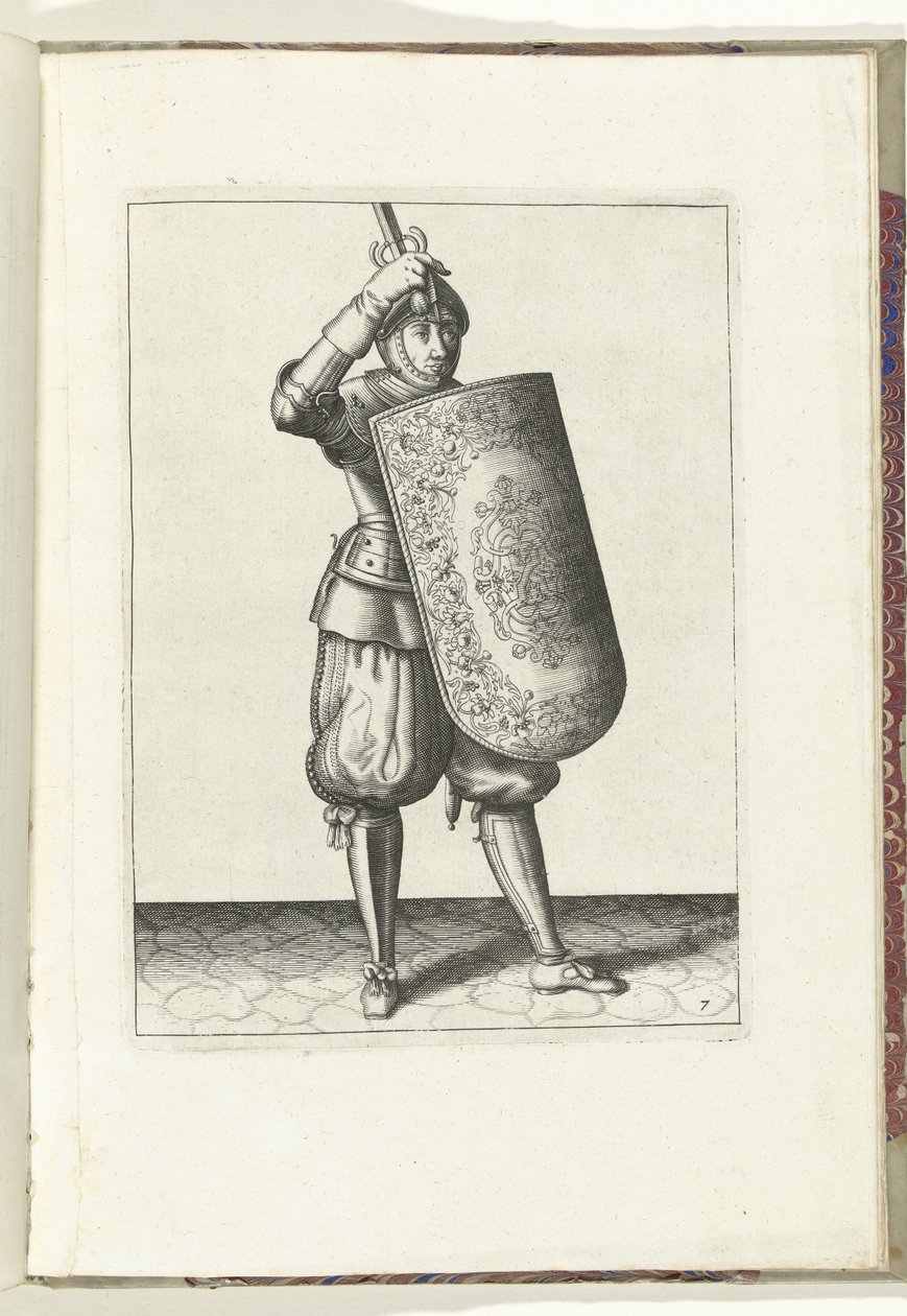 Wiertło z tarczą i rapierem: jak żołnierz powinien zamknąć przyłbicę hełmu z tarczą i narysowanym rapierem w dłoni (nr 7), 1618 Nassausche Wapen-Handelinge, van Schilt, Szpiedzy, Rappier i Tarcza: przedstawiony beyde figuerlick i autorstwa Adam van Breen