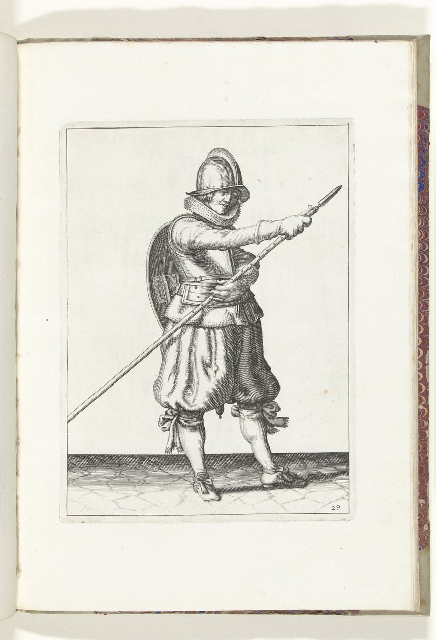 Ćwiczenie na tarczę i kolec: Żołnierz przywraca kolec na miejsce dwiema rękami (nr 29), 1618 Nassausche Wapen-Handelinge, van Schilt, Szpiedzy, Rappier i Tarcza : przedstawione beyde figuerlick i oprawione według nowego porządku [z] (...) Ma autorstwa Adam van Breen