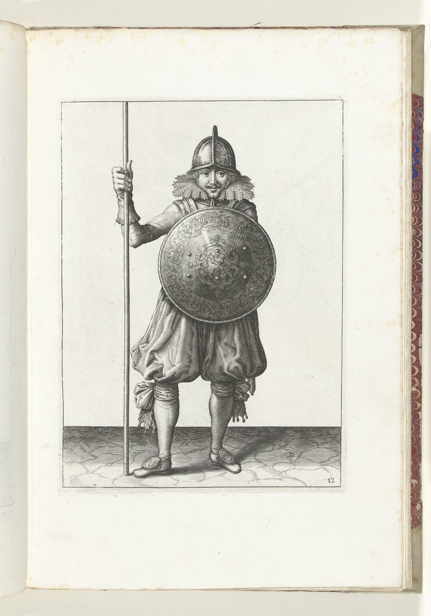 Ćwiczenie z tarczą i włócznią: żołnierz trzykrotnie cofa włócznię do pozycji spoczynkowej, ruch trzeci (nr 12), 1618 Nassausche Wapen-Handelinge, van Schilt, Szpiedzy, Rappier i Tarcza: przedstawione beyde figuerlick, otoczone ramką autorstwa Adam van Breen
