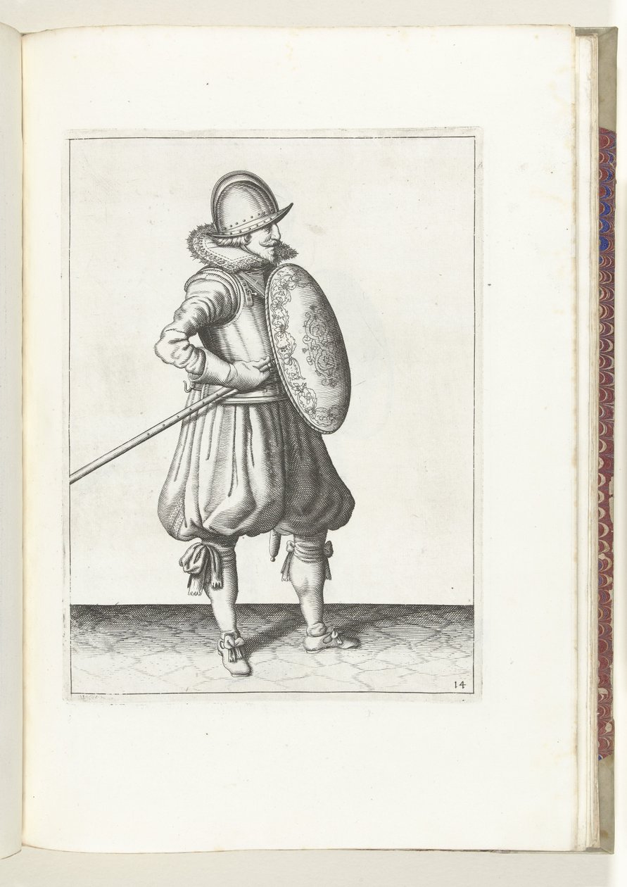Ćwiczenie z tarczą i kolcem: Żołnierz ustawia kolec w pozycji do ciągnięcia dwa razy, drugi ruch (nr 14), 1618 Nassausche Wapen-Handelinge, van Schilt, Szpiedzy, Rappier i Tarcza: przedstawiony beyde figuerlick, oprawiony w nowy autorstwa Adam van Breen