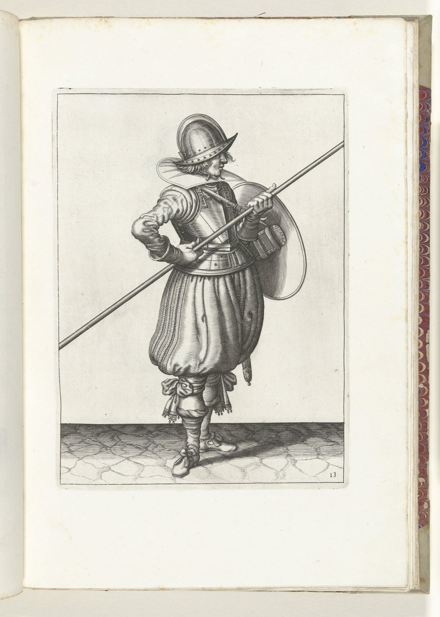 Ćwiczenie z tarczą i kolcem: Żołnierz ustawia kolec w pozycji do ciągnięcia dwa razy, pierwszy ruch (nr 13), 1618 Nassausche Wapen-Handelinge, van Schilt, Szpiedzy, Rappier i Tarcza: przedstawiony beyde figuerlick, oprawiony w nowy autorstwa Adam van Breen