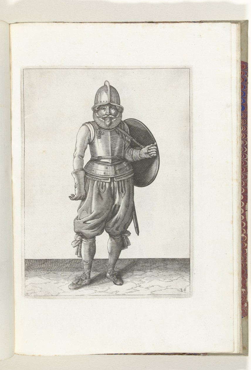 Ćwiczenie z tarczą i kolcem: Żołnierz odkłada tarczę do tyłu lewym ramieniem (nr 26), 1618 De Nassausche Wapen-Handelinge, van Schilt, Spies, Rappier ende Targe : przedstawiony beyde figuerlick, ende oprawiony w nowy porządek [z] (.. autorstwa Adam van Breen