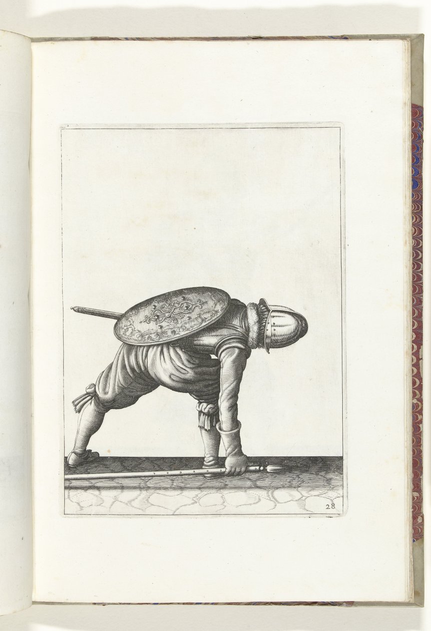Ćwiczenie Tarcza i Kolec: Żołnierz pochyla się, aby podnieść Kolec (nr 28), 1618 Nassausche Wapen-Handelinge, van Schilt, Szpiedzy, Rappier i Tarcza: przedstawiony beyde figuerlick, oprawiony w nowy porządek [z] (...) Maurits van Nassau (t autorstwa Adam van Breen