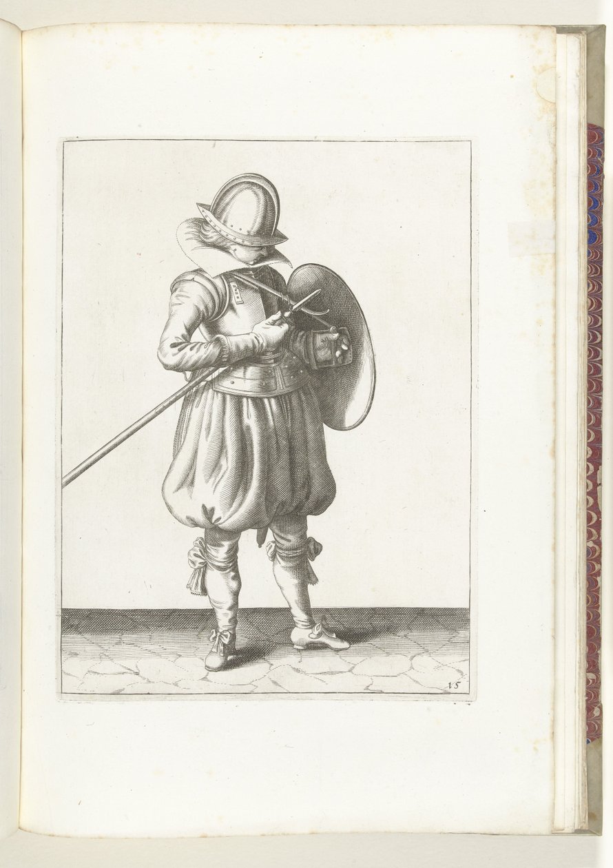 Ćwiczenie Tarcza i Kolec: Żołnierz trzyma Kolec i Tarczę blisko ciała (nr 15), 1618 Nassausche Wapen-Handelinge, van Schilt, Szpiedzy, Rappier i Tarcza : przedstawione beyde figuerlick i oprawione według nowego porządku [z] (...) Maurit autorstwa Adam van Breen