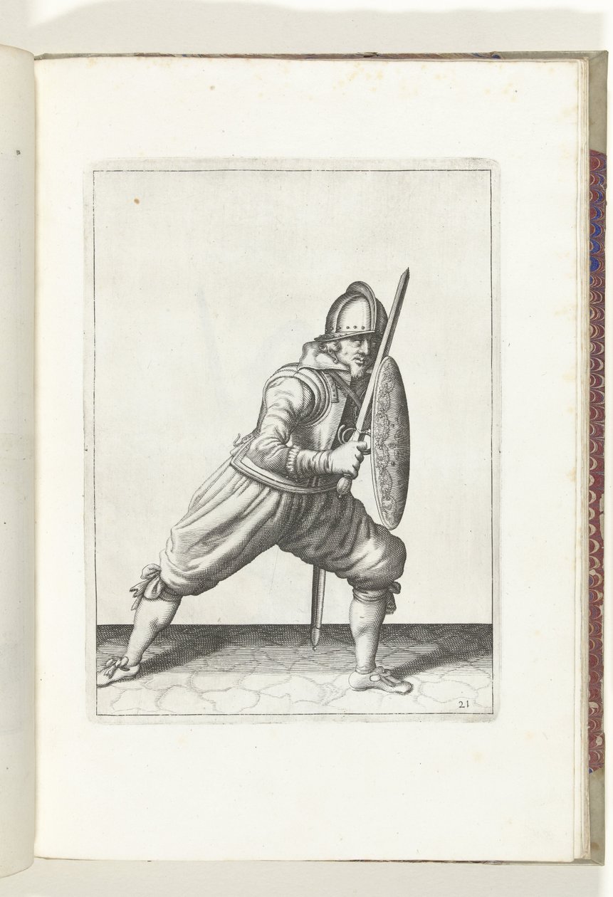 Ćwiczenie z tarczą i kolcem: żołnierz w pozycji obronnej z jedną nogą z przodu iz rapierem i tarczą na kolanie z przodu ciała (nr 21), 1618 The Nassausche Wapen-Handinge, van Schilt, Spies, Rappier andde Targe: beyde figuerli autorstwa Adam van Breen