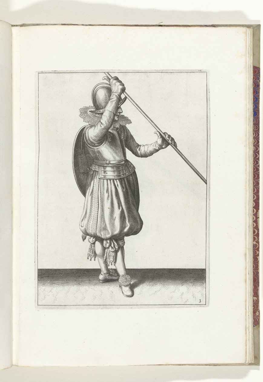 Ćwiczenie z tarczą i kolcem: Żołnierz z kolcem wygiętym w obie ręce z prawą ręką na głowie i tarczą na grzbiecie (nr 3), 1618 Nassausche Wapen-Handelinge, van Schilt, Szpiedzy, Rappier i Tarcza: przedstawiony beyde figuerlick, koniec autorstwa Adam van Breen