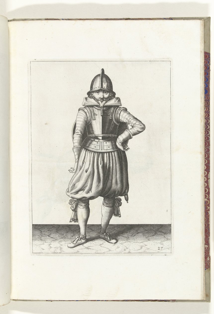 Ćwiczenie z tarczą i kolcem: odpoczywający żołnierz z tarczą na plecach (nr 27), 1618 Nassausche Wapen-Handelinge, van Schilt, Szpiedzy, Rappier i Tarcza: ukazani beyde figuerlick i oprawionych w nowy porządek [z] (...) Maurits v autorstwa Adam van Breen