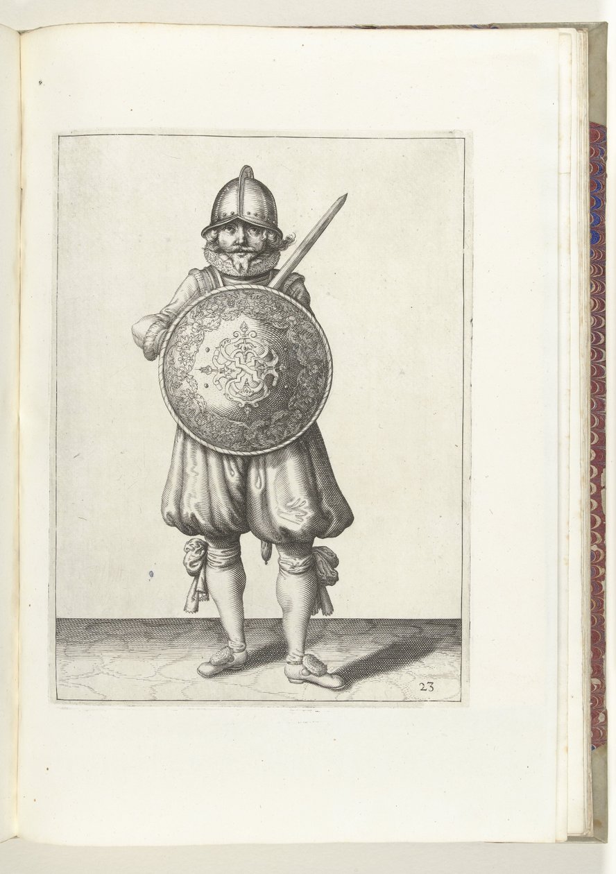 Ćwiczenie z tarczą i kolcem: żołnierz stojący w spoczynku, jego rapier spoczywający na lewym ramieniu za tarczą (nr 23), 1618 Nassausche Wapen-Handelinge, van Schilt, Szpiedzy, Rappier i Tarcza : przedstawione beyde figuerlick, ende obramowane po n autorstwa Adam van Breen