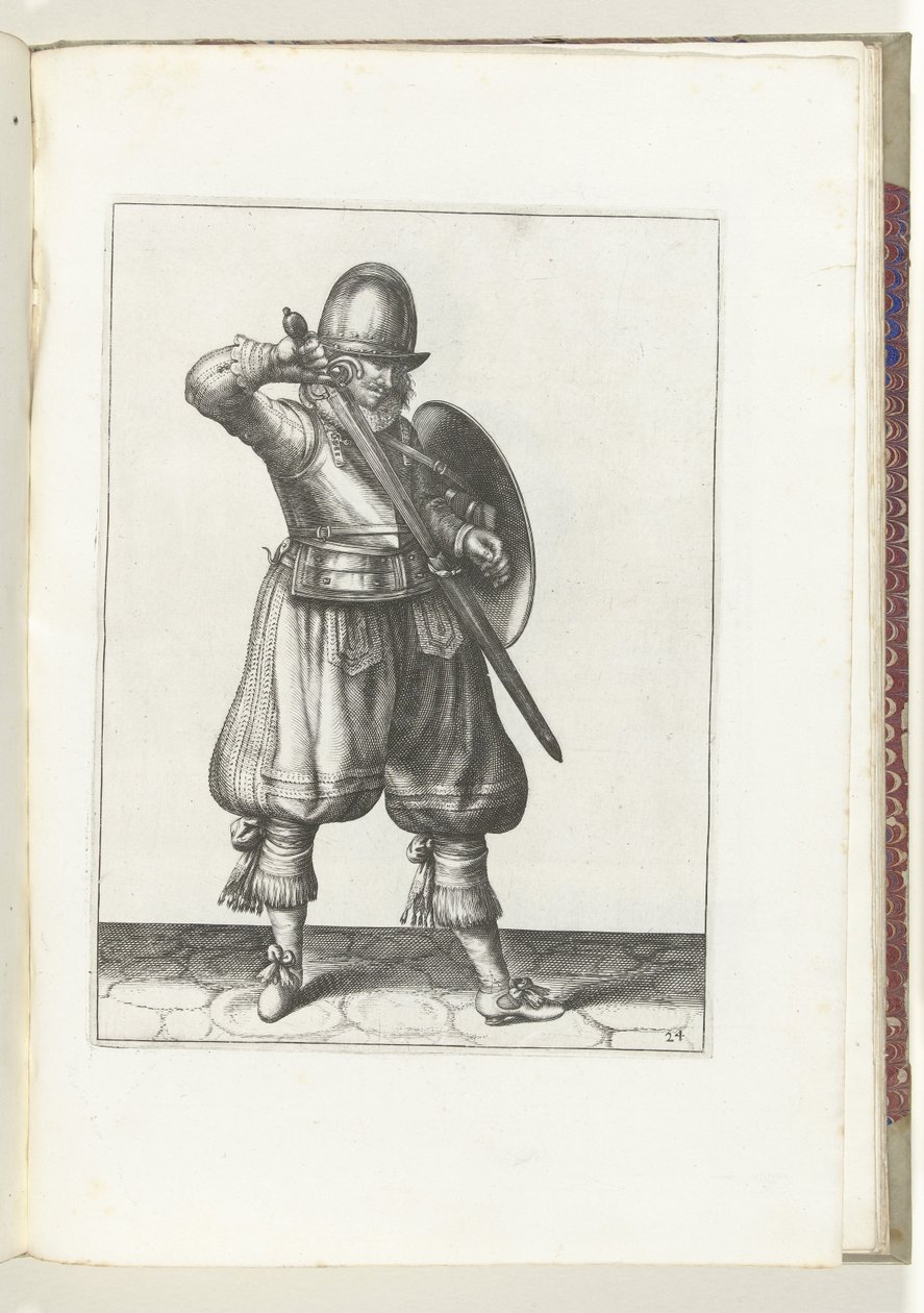 Ćwiczenie z tarczą i kolcem: Żołnierz chowający rapier (nr 24), 1618 Nassausche Wapen-Handelinge, van Schilt, Szpiedzy, Rappier i Tarcza: ukazani beyde figuerlick i oprawionych według nowego porządku [of] (...) Maurits van autorstwa Adam van Breen