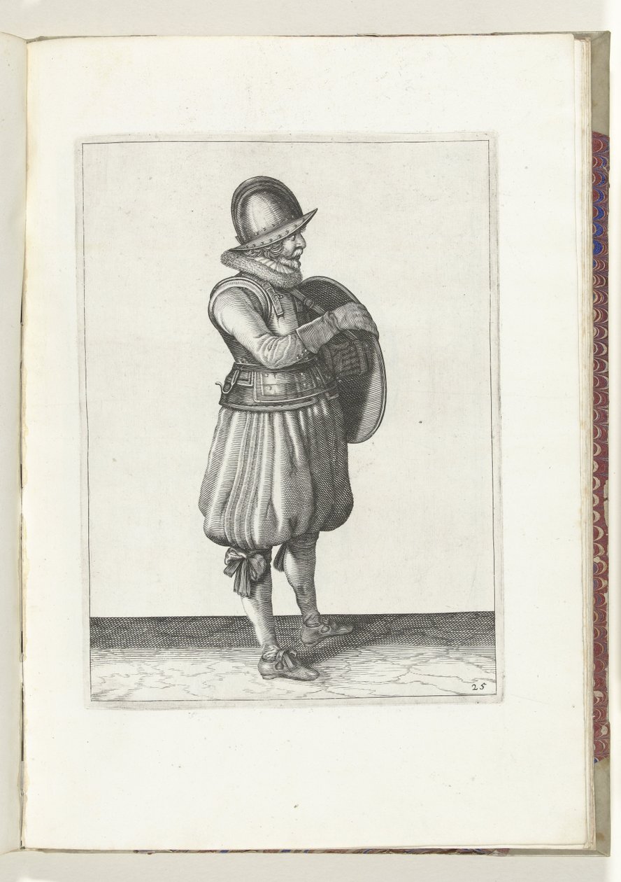 Ćwiczenie z tarczą i kolcem: Żołnierz wyciąga rękę z pasa tarczy (nr 25), 1618 Nassausche Wapen-Handelinge, van Schilt, Szpiedzy, Rappier i Tarcza : przedstawione beyde figuerlick i oprawione w nowy porządek [z] (...) Maurits autorstwa Adam van Breen