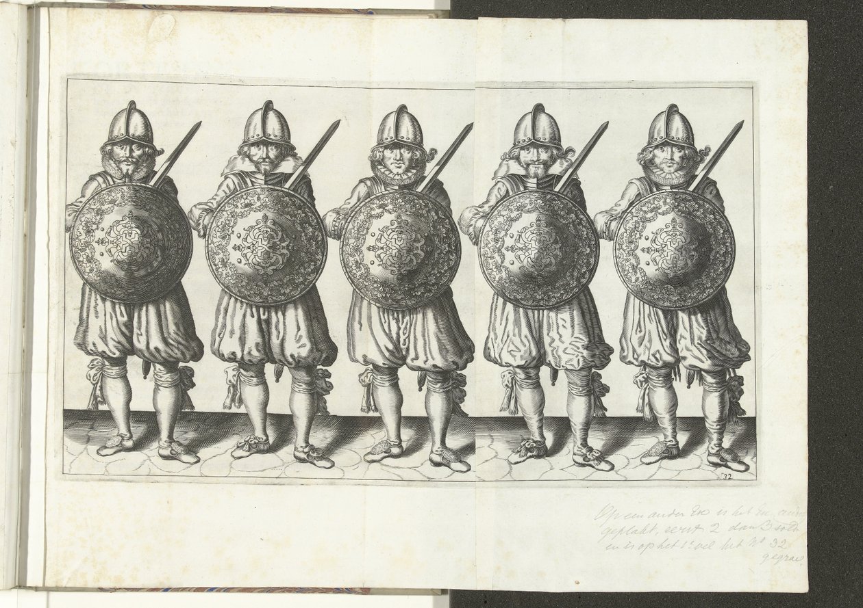 Ćwiczenie Tarcza i Kolce: Pięciu Żołnierzy Stojących Obok Rapieru w Prawej Ręce i Tarczy Z Przodu Klatki Piersiowej (nr 32), 1618 Nassausche Wapen-Handelinge, van Schilt, Spies, Rappier andde Targe : przedstawiony beyde figuerlick autorstwa Adam van Breen