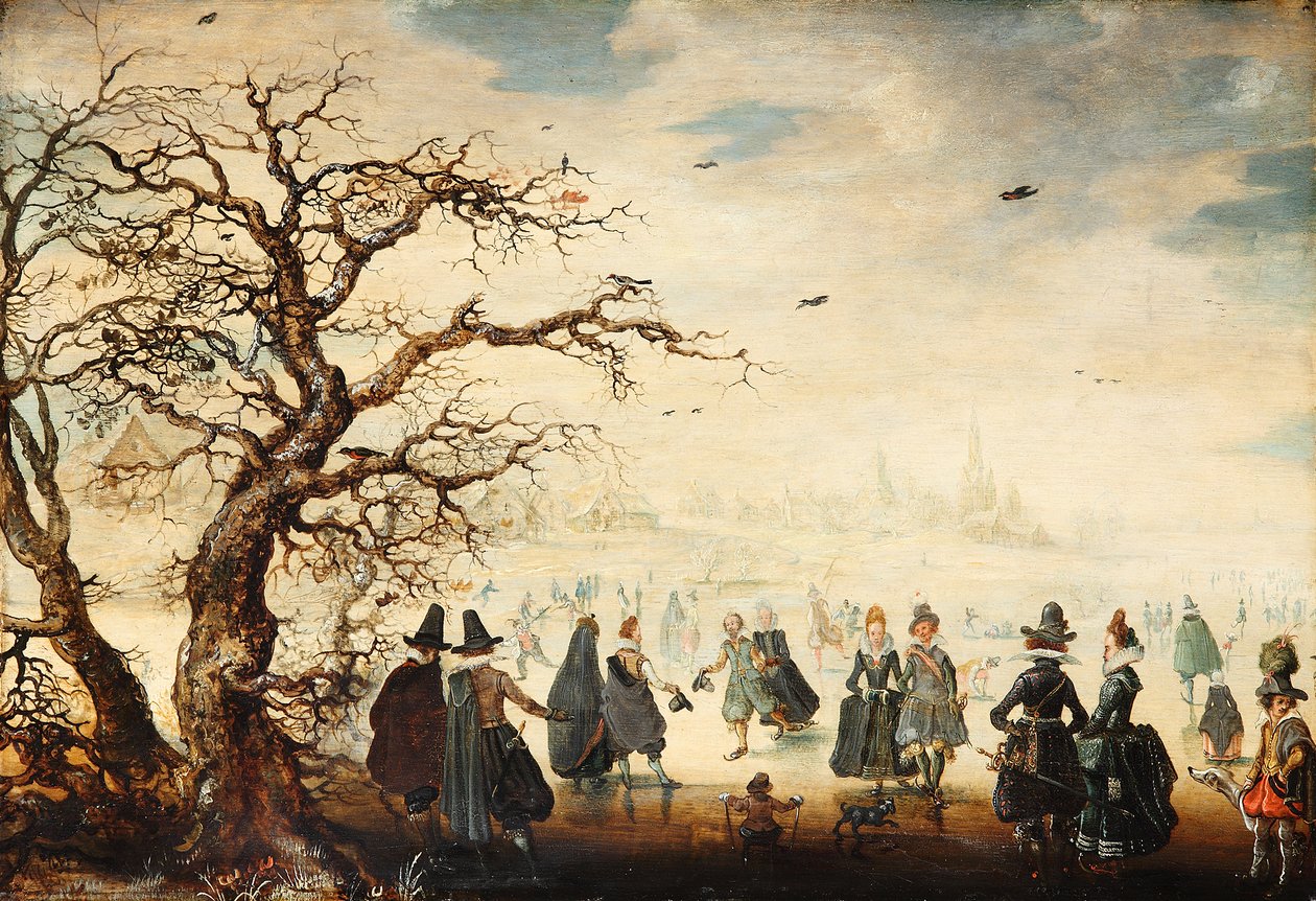 Niemiecki: Wintervergnügen Zimowy krajobraz z eleganckimi postaciami jeżdżącymi na łyżwach autorstwa Adam van Breen