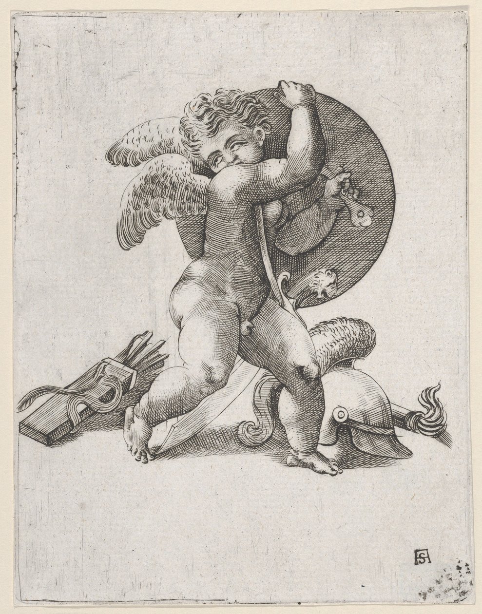 Kupidyn z bronią Marsa, c1547-62. autorstwa Adamo Scultori