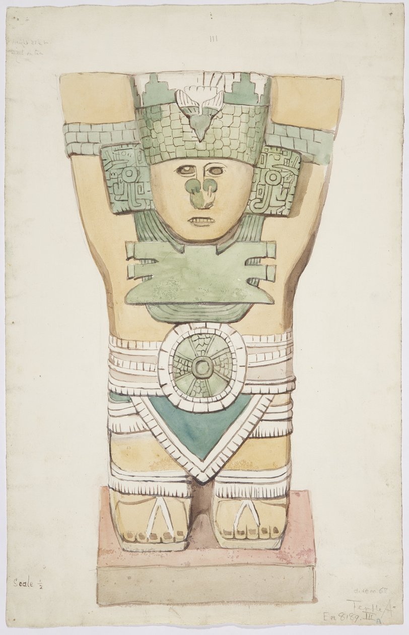 Kariatyda III, komnata zewnętrzna, Górna Świątynia Jaguarów (Świątynia A), Chichen Itza, Meksyk (akwarela) autorstwa Adela Breton