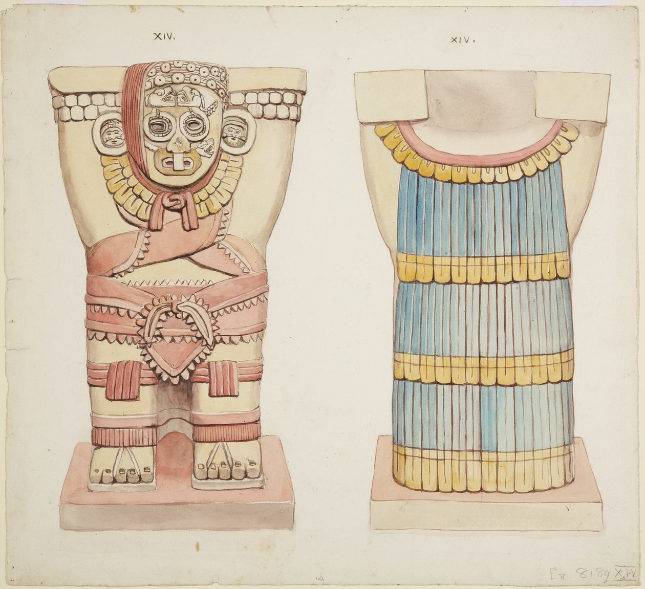 Kariatyda XIV z komnaty zewnętrznej, Górna Świątynia Jaguarów (Świątynia A), Wielki Bal Balowy, Chichen Itza, Meksyk (akwarela) autorstwa Adela Breton