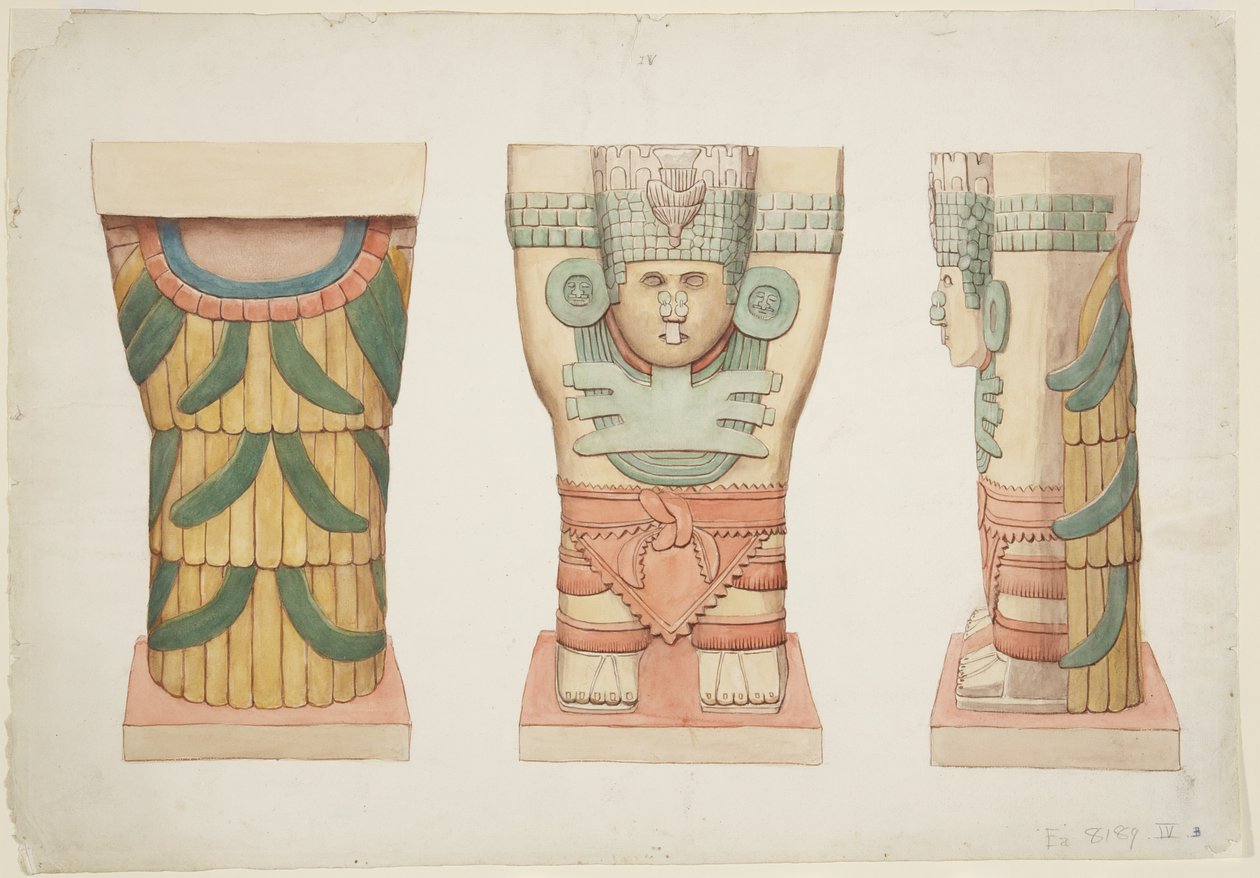 Kariatyda z komnaty zewnętrznej, świątynia A, boisko balowe, Chichen Itza (akwarela) autorstwa Adela Breton