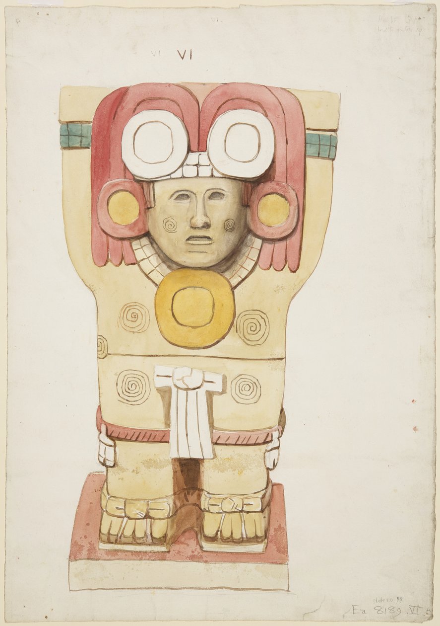 Kariatyda z komnaty zewnętrznej, świątynia A, boisko balowe, Chichen Itza, Meksyk (akwarela) autorstwa Adela Breton