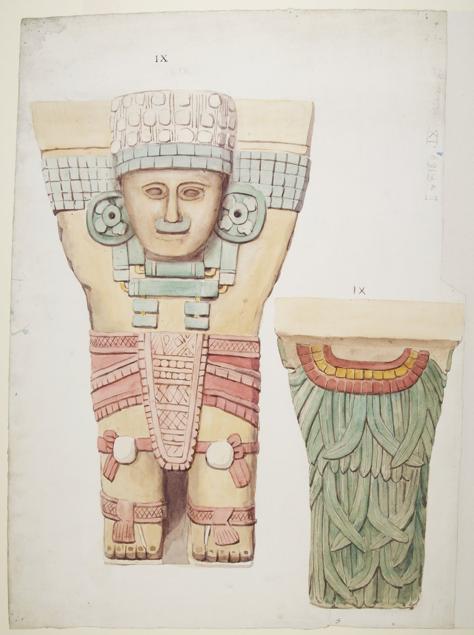 Kariatyda z komory zewnętrznej, świątynia A, boisko do piłki nożnej Chichen Itza, Meksyk (akwarela) autorstwa Adela Breton