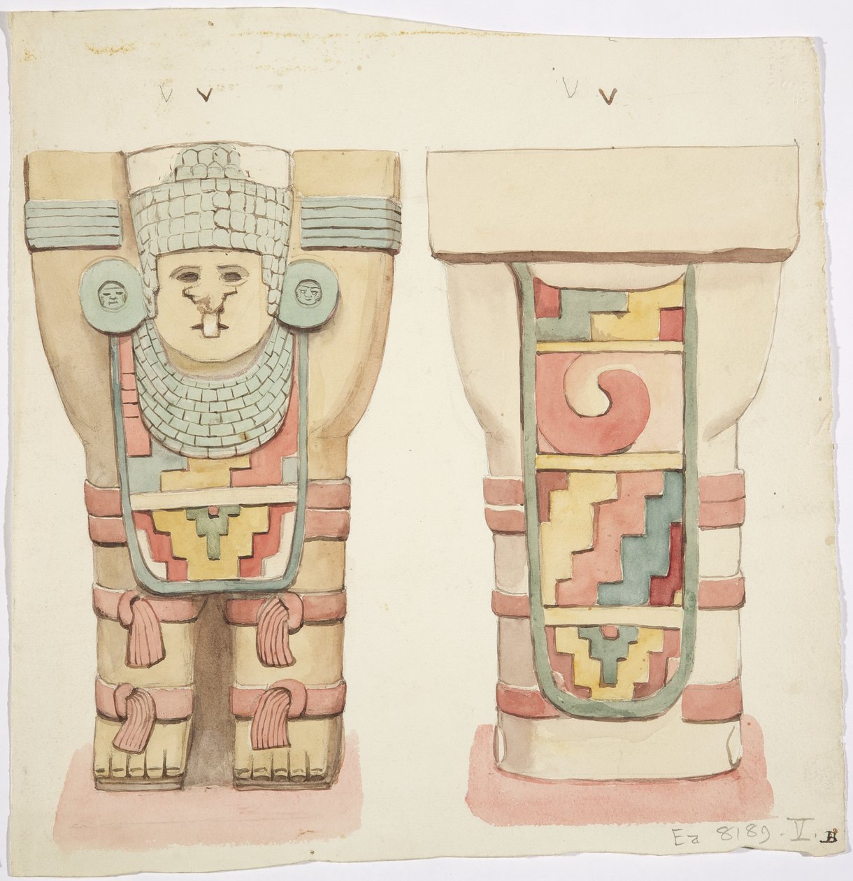 Kariatyda z komnaty zewnętrznej, świątynia A, boisko balowe, Chichen Itza, Meksyk (akwarela) autorstwa Adela Breton
