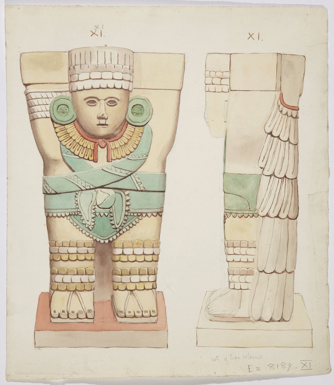 Kariatyda z komory zewnętrznej, świątynia A, boisko do piłki nożnej Chichen Itza, Meksyk (akwarela) autorstwa Adela Breton